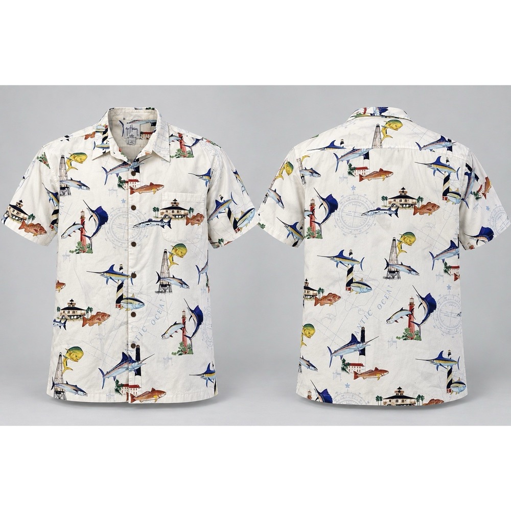Guy Harvey AFTCO Bluewater Wear Hawaiian Shirt 2XL Marlin Fishing Hemingway USA
